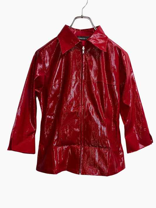 JK26002/Vintage Japanese Gloss Red Zip Jacket – Retro Shine Blouse Made in Japan