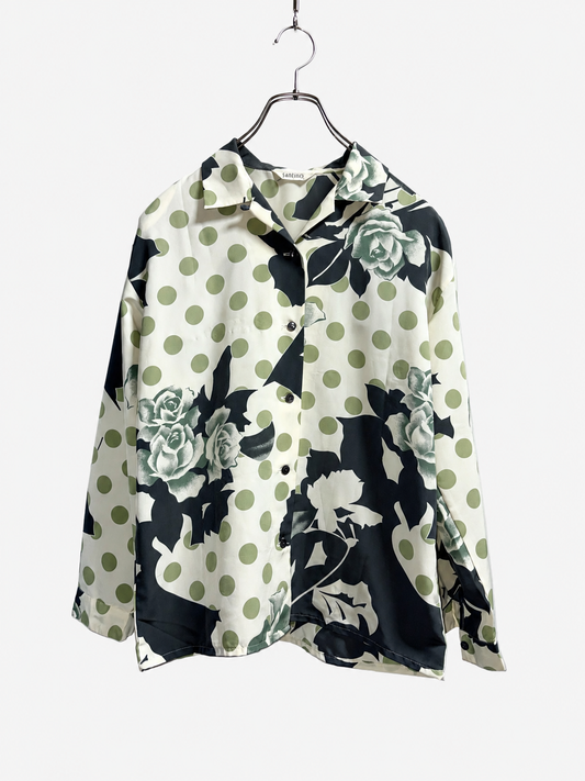 SH26010/Vintage Japanese Polka Dot Rose Shirt – 90s Retro Floral Blouse Made in Japan