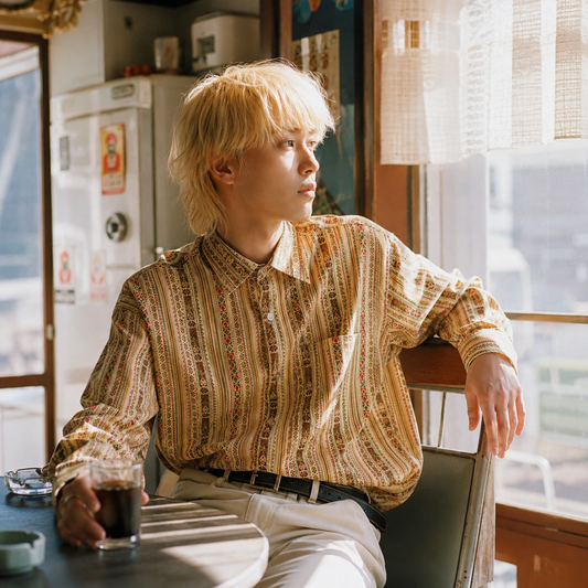 SH26002/Vintage Japanese Stripe Pattern Shirt – 90s Retro Beige Long Sleeve Shirt Made in Japan
