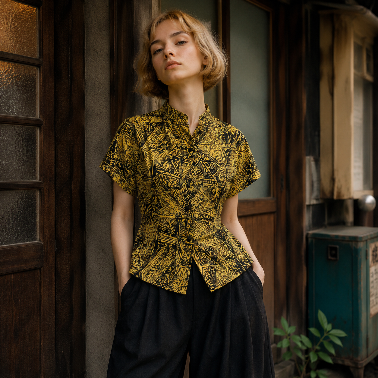 SH26009/Vintage Japanese Abstract Pattern Blouse – 90s Retro Cotton Shirt Made in Japan