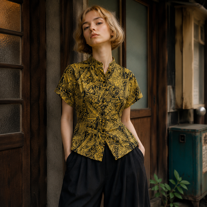 SH26009/Vintage Japanese Abstract Pattern Blouse – 90s Retro Cotton Shirt Made in Japan