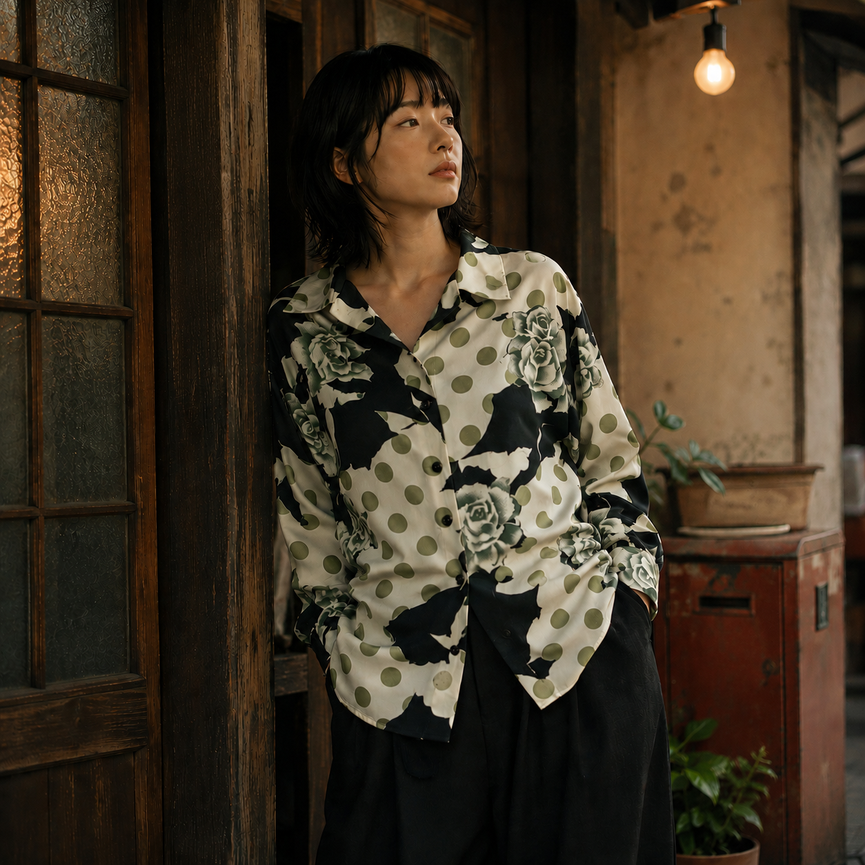 SH26010/Vintage Japanese Polka Dot Rose Shirt – 90s Retro Floral Blouse Made in Japan