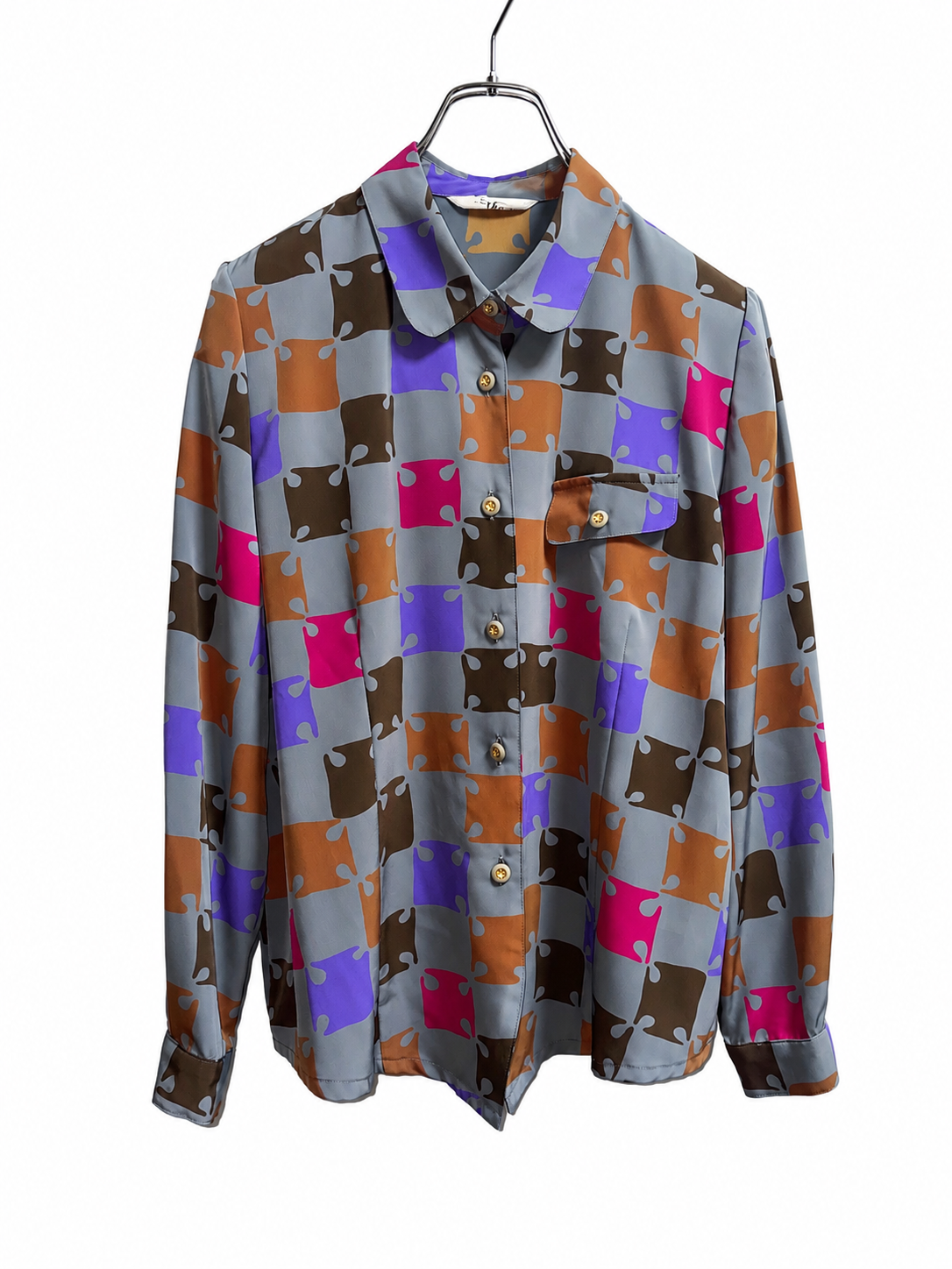 SH26012/Vintage Japanese Geometric Pattern Blouse – 90s Retro Long Sleeve Shirt Made in Japan
