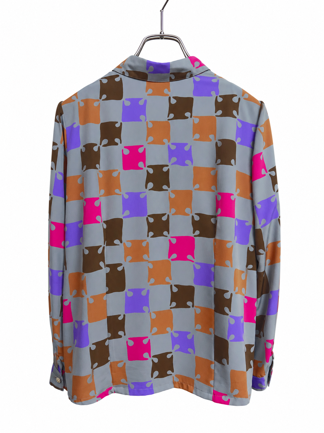 SH26012/Vintage Japanese Geometric Pattern Blouse – 90s Retro Long Sleeve Shirt Made in Japan