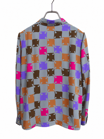 SH26012/Vintage Japanese Geometric Pattern Blouse – 90s Retro Long Sleeve Shirt Made in Japan