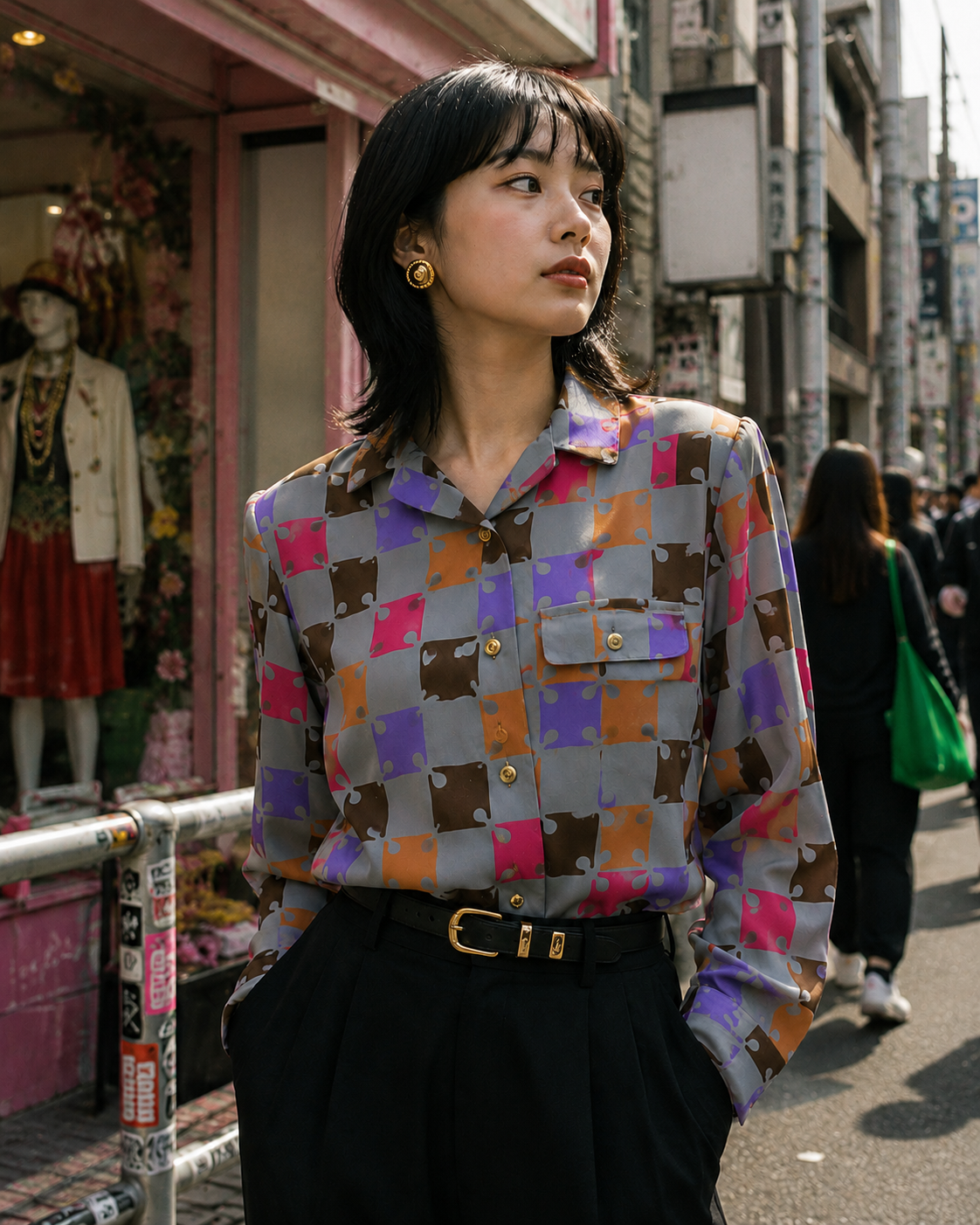 SH26012/Vintage Japanese Geometric Pattern Blouse – 90s Retro Long Sleeve Shirt Made in Japan