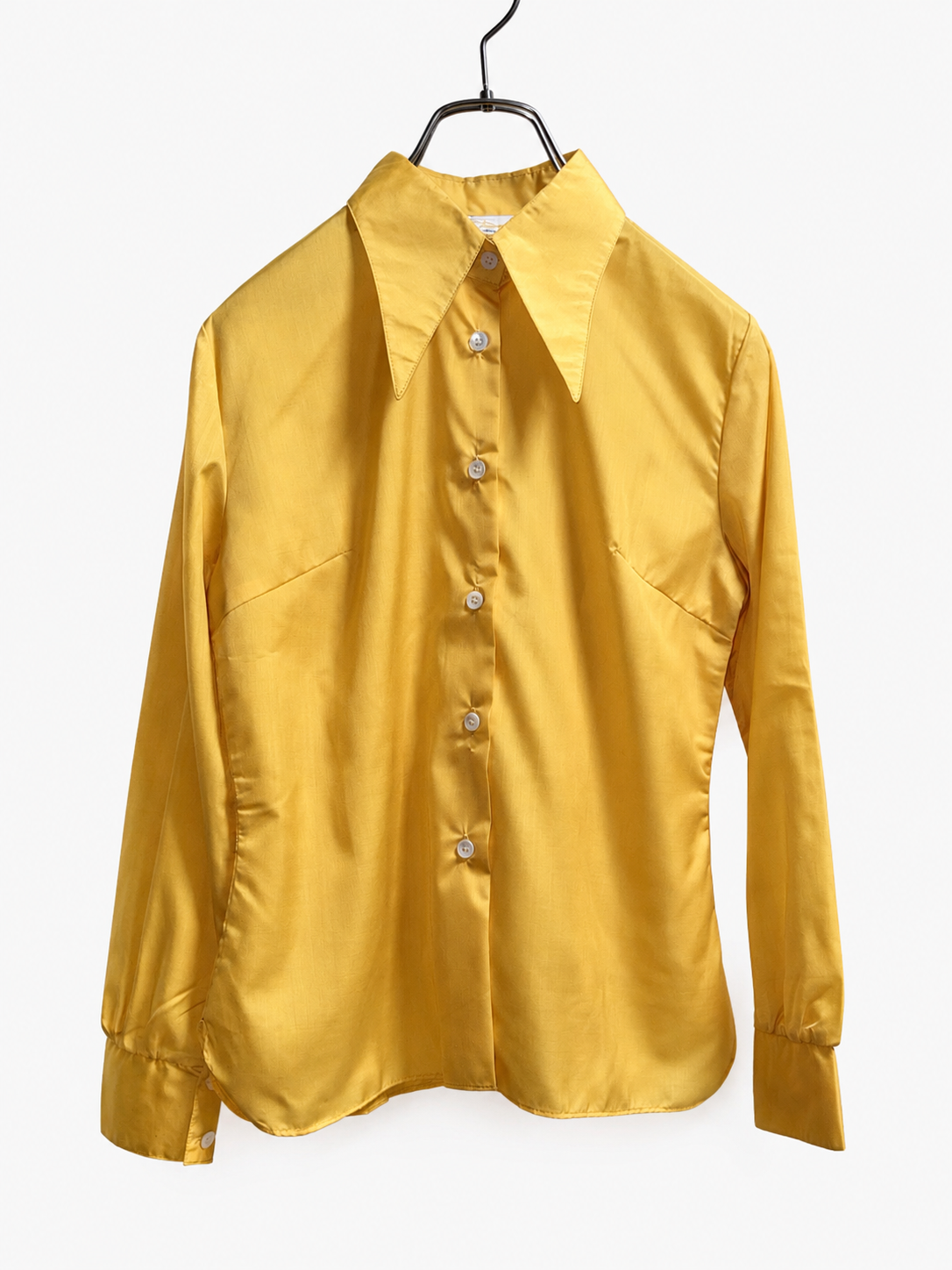 SH26011/Vintage Japanese Flower Blouse Yellow Shirt – 1970s Pointed Collar Polyester Shirt Made in Japan