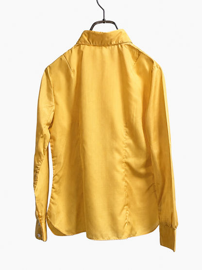 SH26011/Vintage Japanese Flower Blouse Yellow Shirt – 1970s Pointed Collar Polyester Shirt Made in Japan