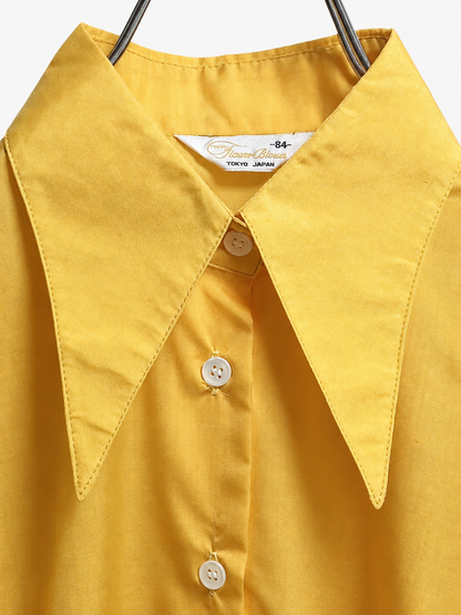 SH26011/Vintage Japanese Flower Blouse Yellow Shirt – 1970s Pointed Collar Polyester Shirt Made in Japan