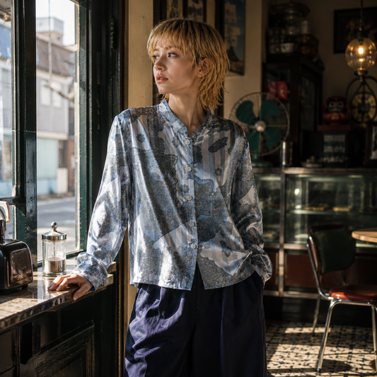 SH26003/Vintage Paisley Stripe Blouse – Made in Japan Sheer Polyester Blouse 1990s