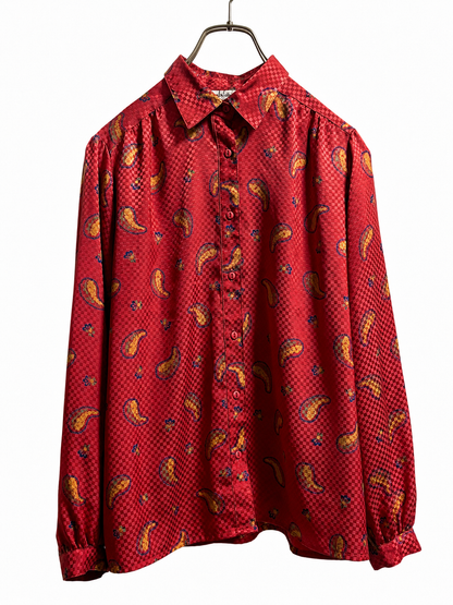 SH26013/Vintage Japanese Paisley Pattern Blouse – 1980s–1990s Red Gathered Shirt