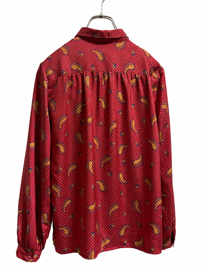 SH26013/Vintage Japanese Paisley Pattern Blouse – 1980s–1990s Red Gathered Shirt