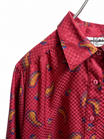 SH26013/Vintage Japanese Paisley Pattern Blouse – 1980s–1990s Red Gathered Shirt