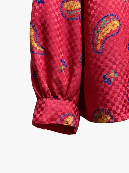 SH26013/Vintage Japanese Paisley Pattern Blouse – 1980s–1990s Red Gathered Shirt