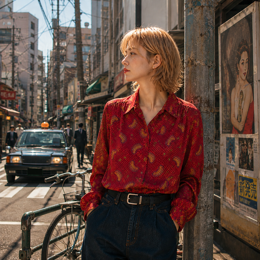 SH26013/Vintage Japanese Paisley Pattern Blouse – 1980s–1990s Red Gathered Shirt