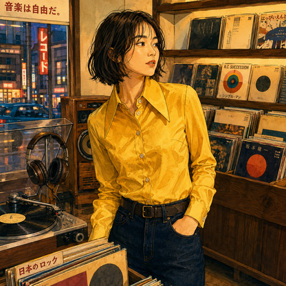 SH26011/Vintage Japanese Flower Blouse Yellow Shirt – 1970s Pointed Collar Polyester Shirt Made in Japan