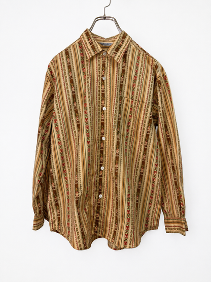SH26002/Vintage Japanese Stripe Pattern Shirt – 90s Retro Beige Long Sleeve Shirt Made in Japan