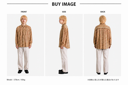 SH26002/Vintage Japanese Stripe Pattern Shirt – 90s Retro Beige Long Sleeve Shirt Made in Japan