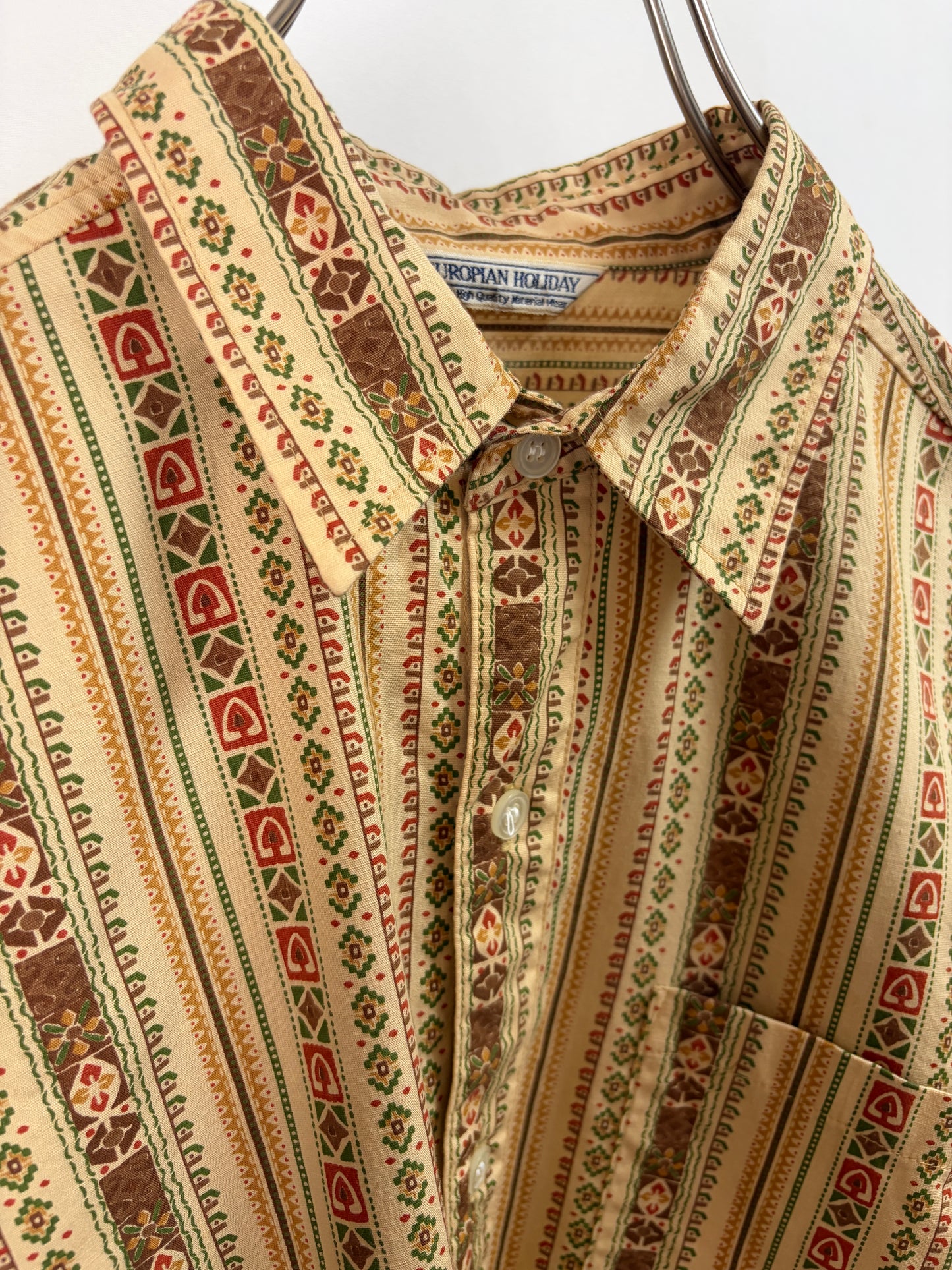 SH26002/Vintage Japanese Stripe Pattern Shirt – 90s Retro Beige Long Sleeve Shirt Made in Japan