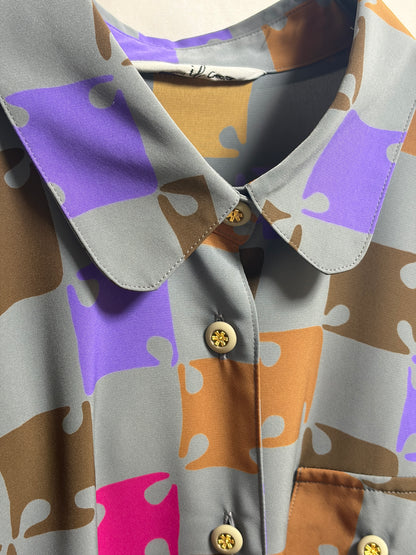 SH26012/Vintage Japanese Geometric Pattern Blouse – 90s Retro Long Sleeve Shirt Made in Japan