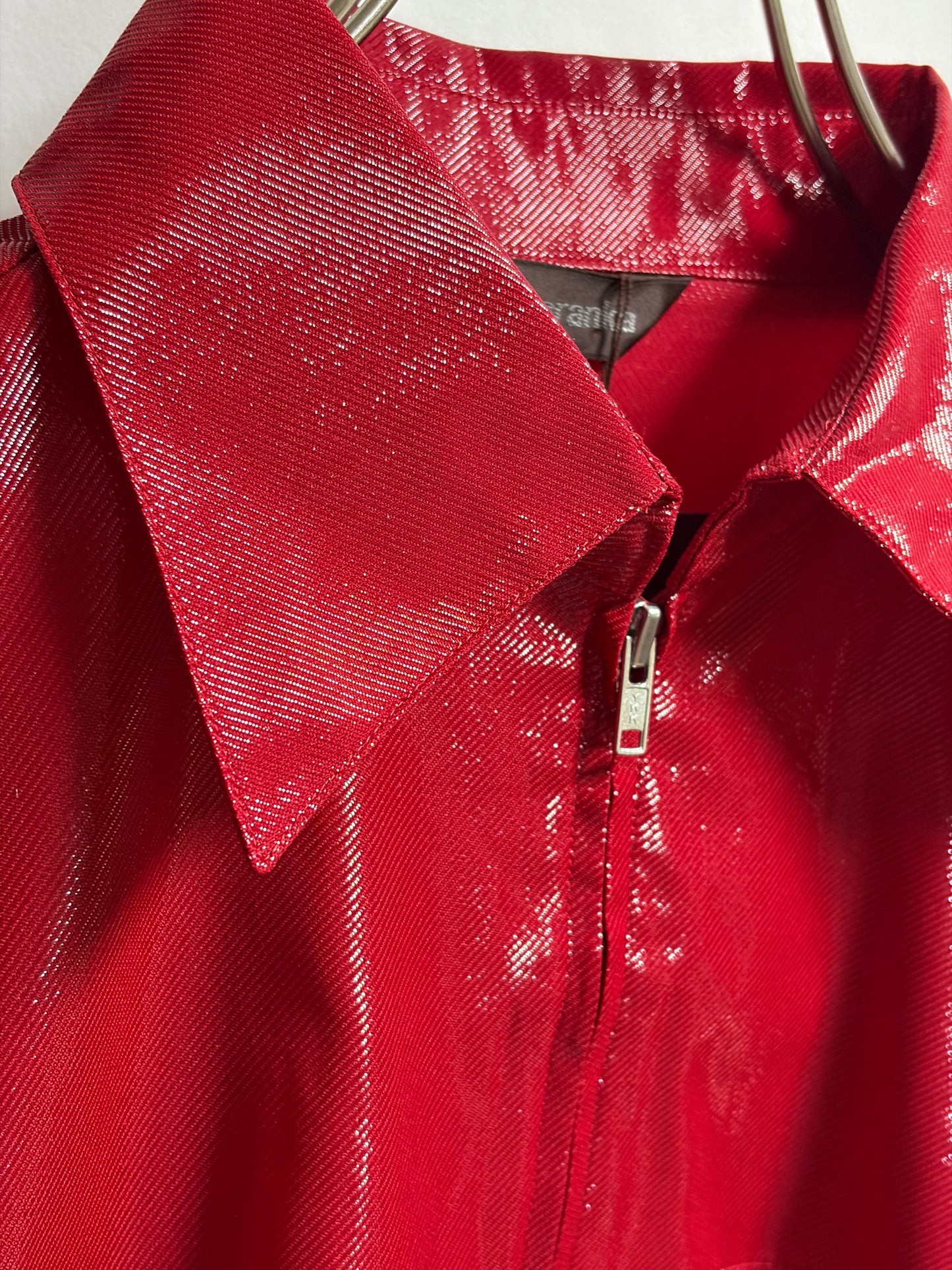 JK26002/Vintage Japanese Gloss Red Zip Jacket – Retro Shine Blouse Made in Japan