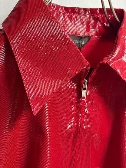 JK26002/Vintage Japanese Gloss Red Zip Jacket – Retro Shine Blouse Made in Japan