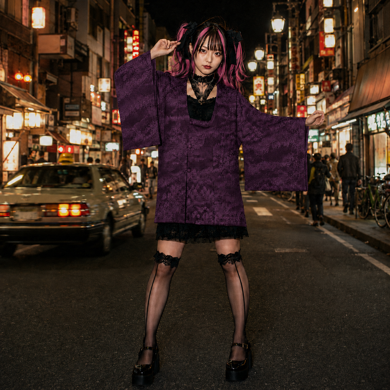 JA26002/Vintage Japanese Haori Jacket – Deep Purple Woven Scenic Landscape Traditional Wear